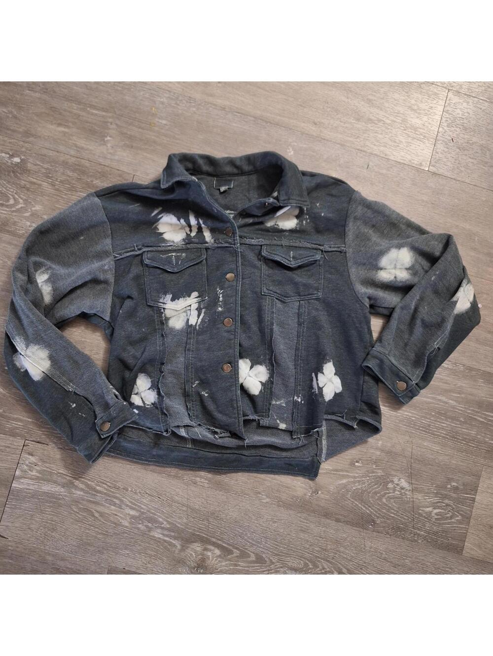 POL Distressed Black Denim Jacket with White Bleach Spots